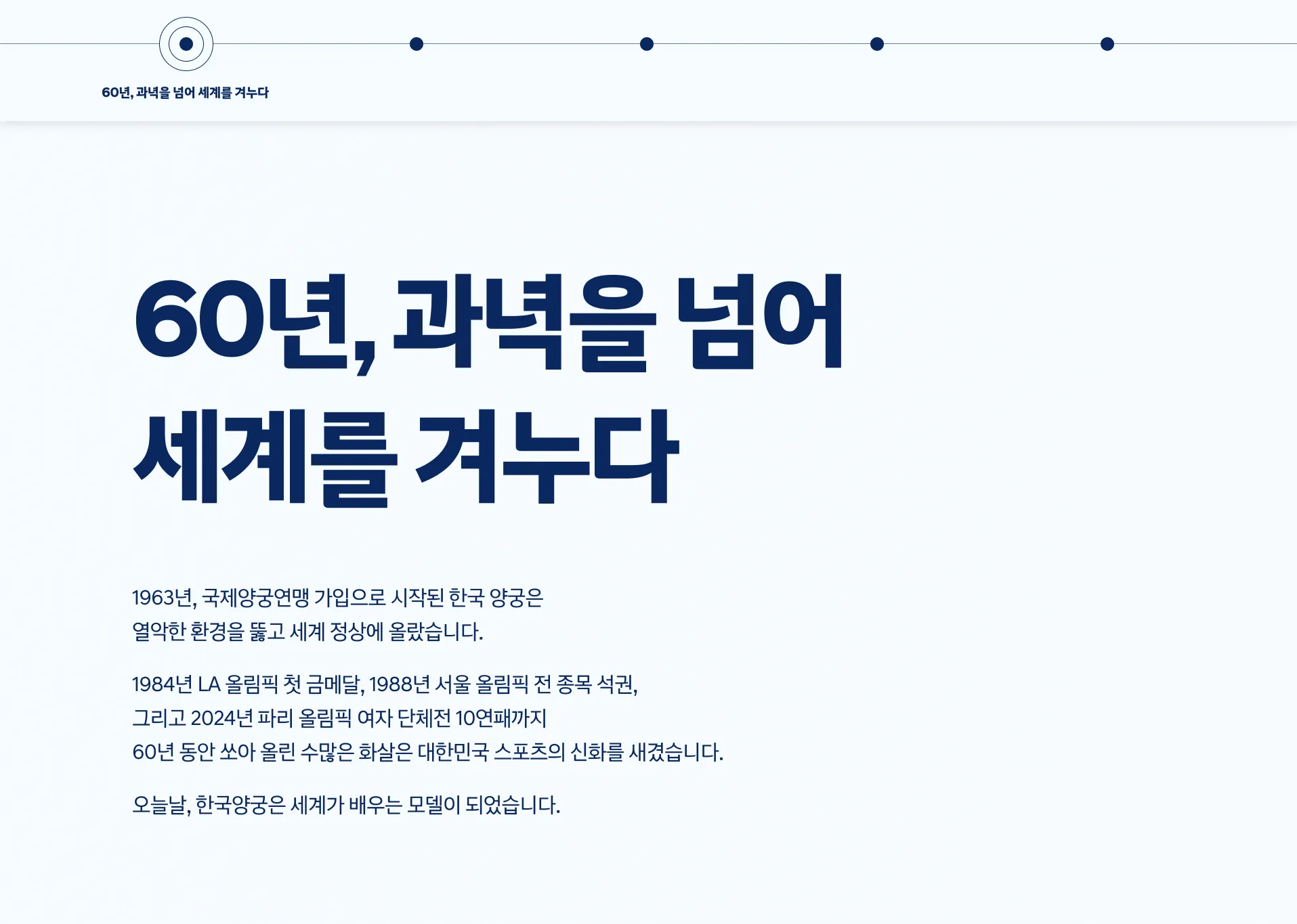 한국 양궁 역사 키오스크 전시 화면