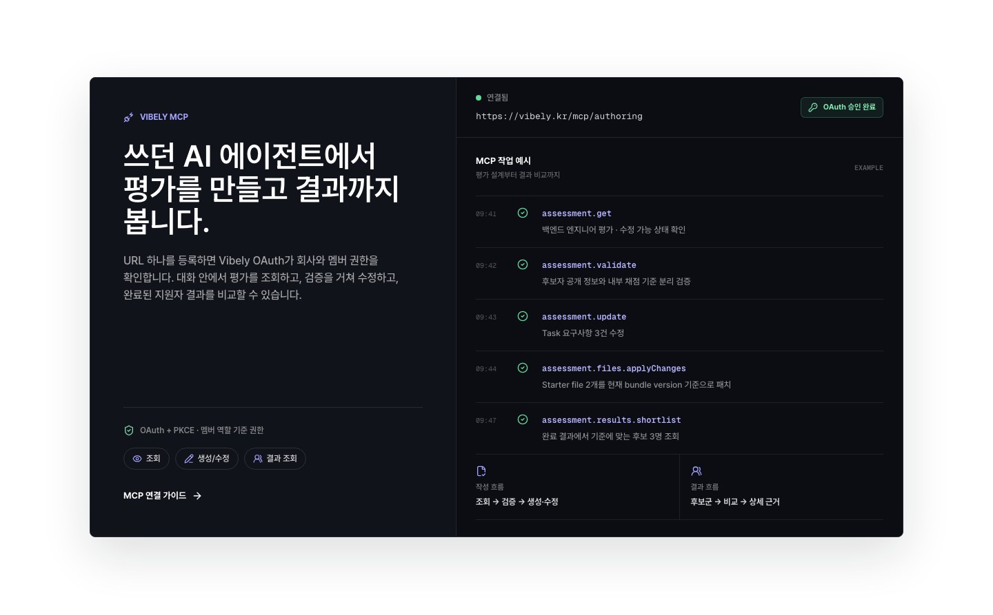Vibely MCP — AI 에이전트에서 평가를 작성하고 지원자 결과를 비교하는 흐름